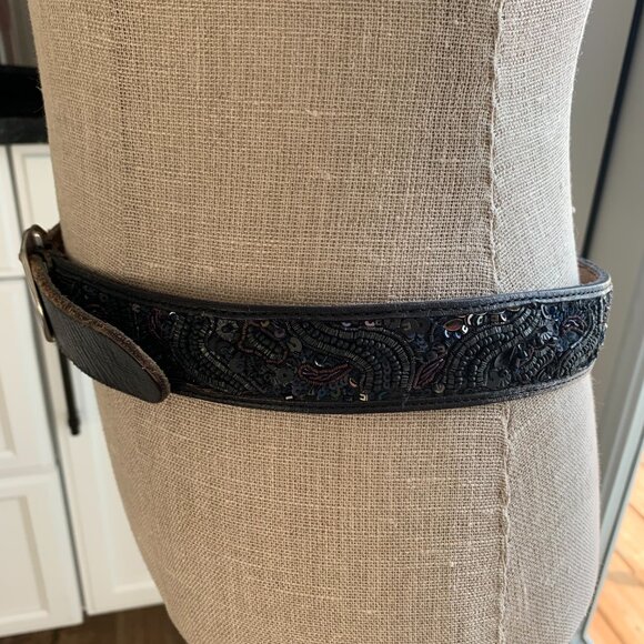 Lucky Brand Leather Beaded Sequin Waist Belt Women's S Black Silver Buckle Y2K - Picture 4 of 12